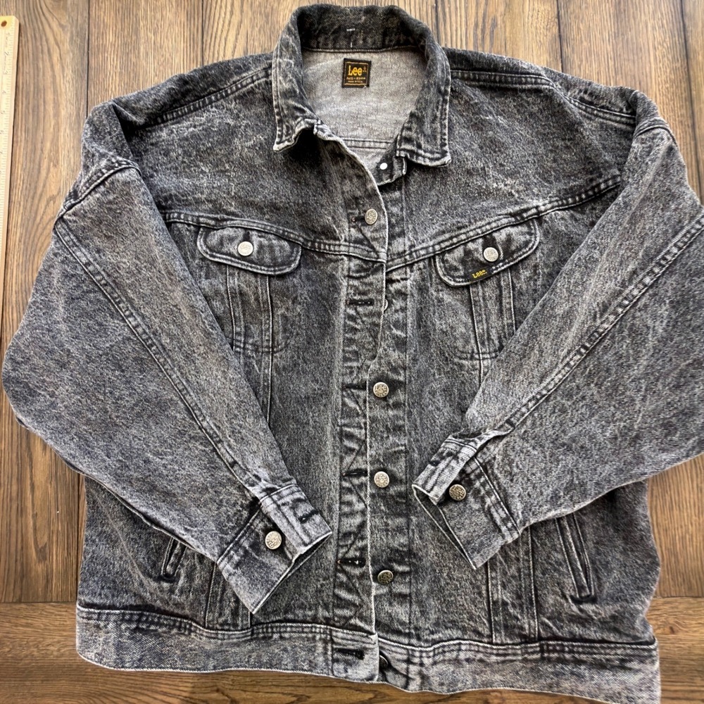 Rare Vintage Lee Riders Black Acid Wash Denim Trucker Jacket Made USA Womens XL